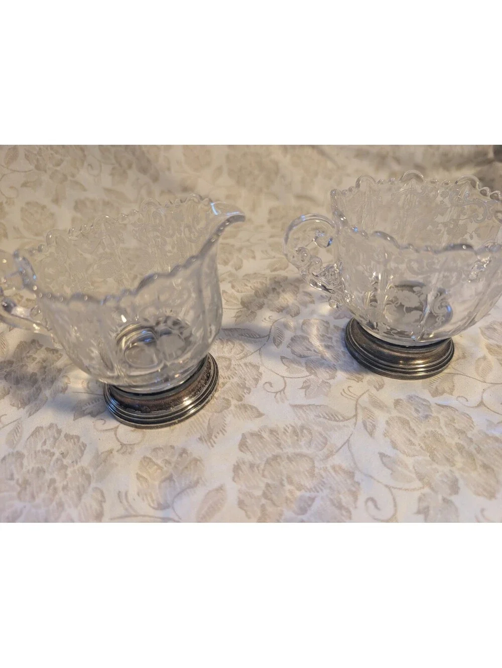 Vintage Etched Glass Creamer and Sugar Bowl Set with Sterling Silver Bases